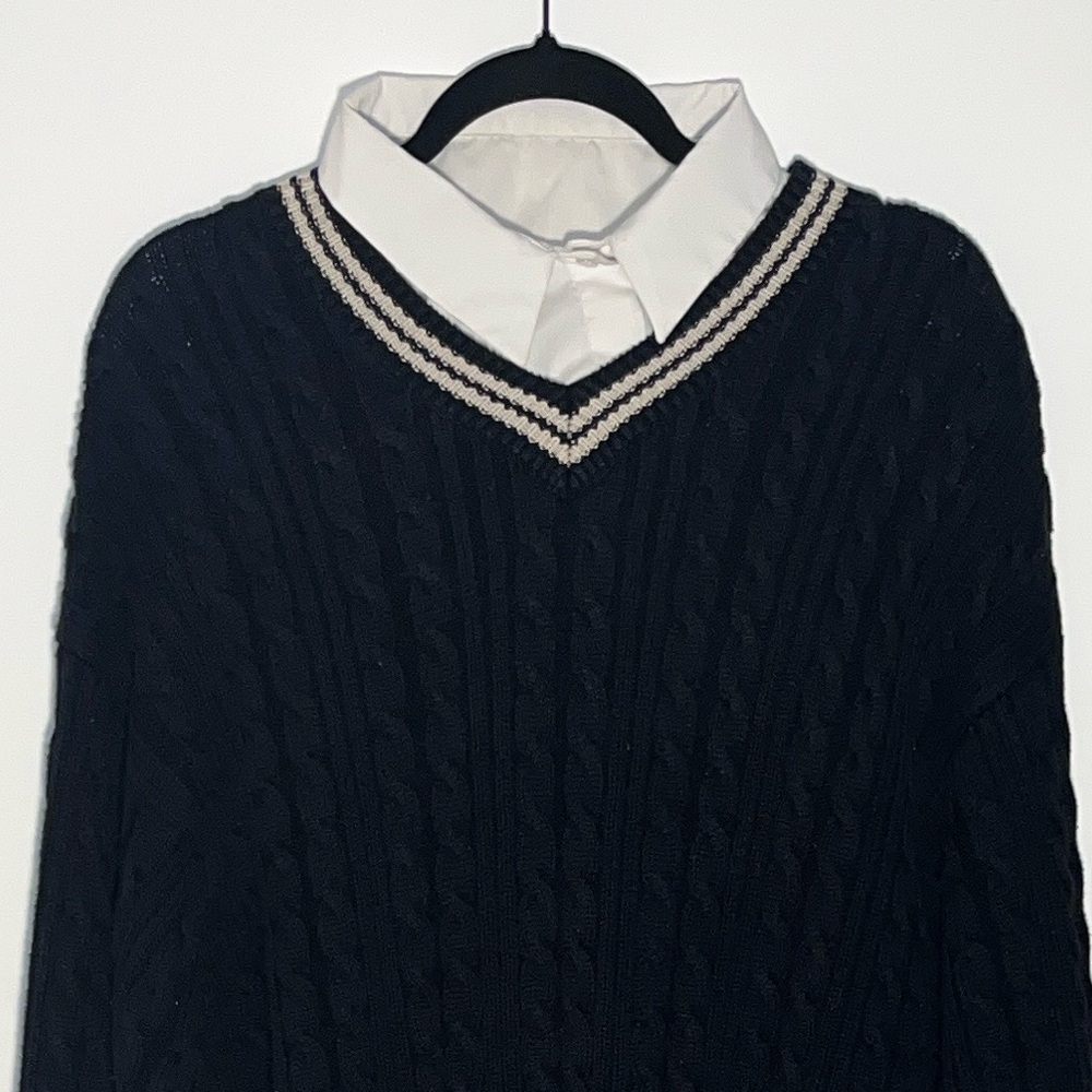 100% Cotton Cable Knit Navy Blue Sweater with White Trim